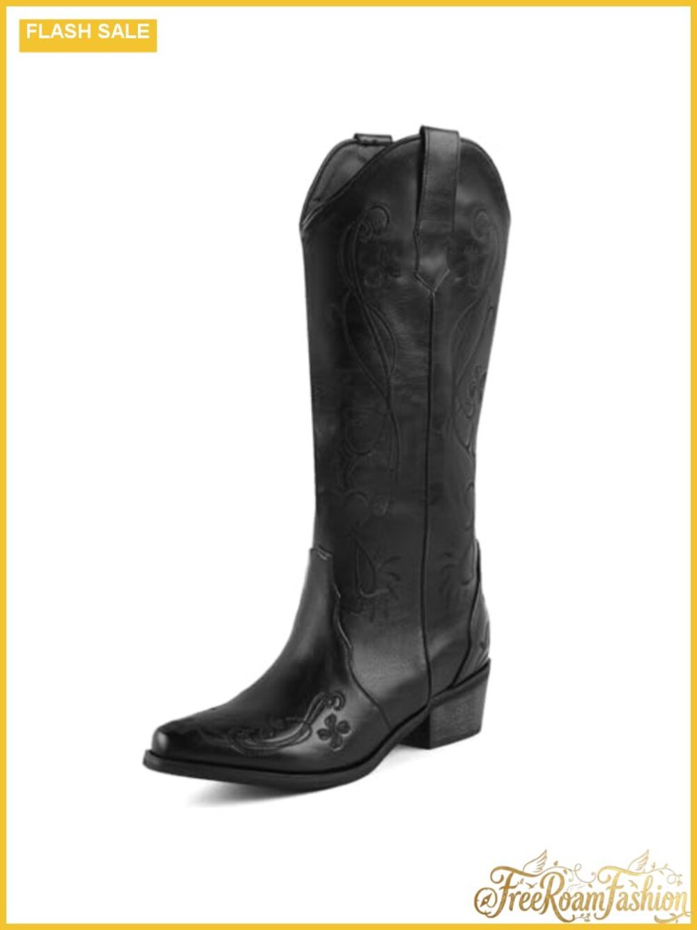 Western Cowboy Boots Chunky Block Heel Embroidered Faux Leather Knee High